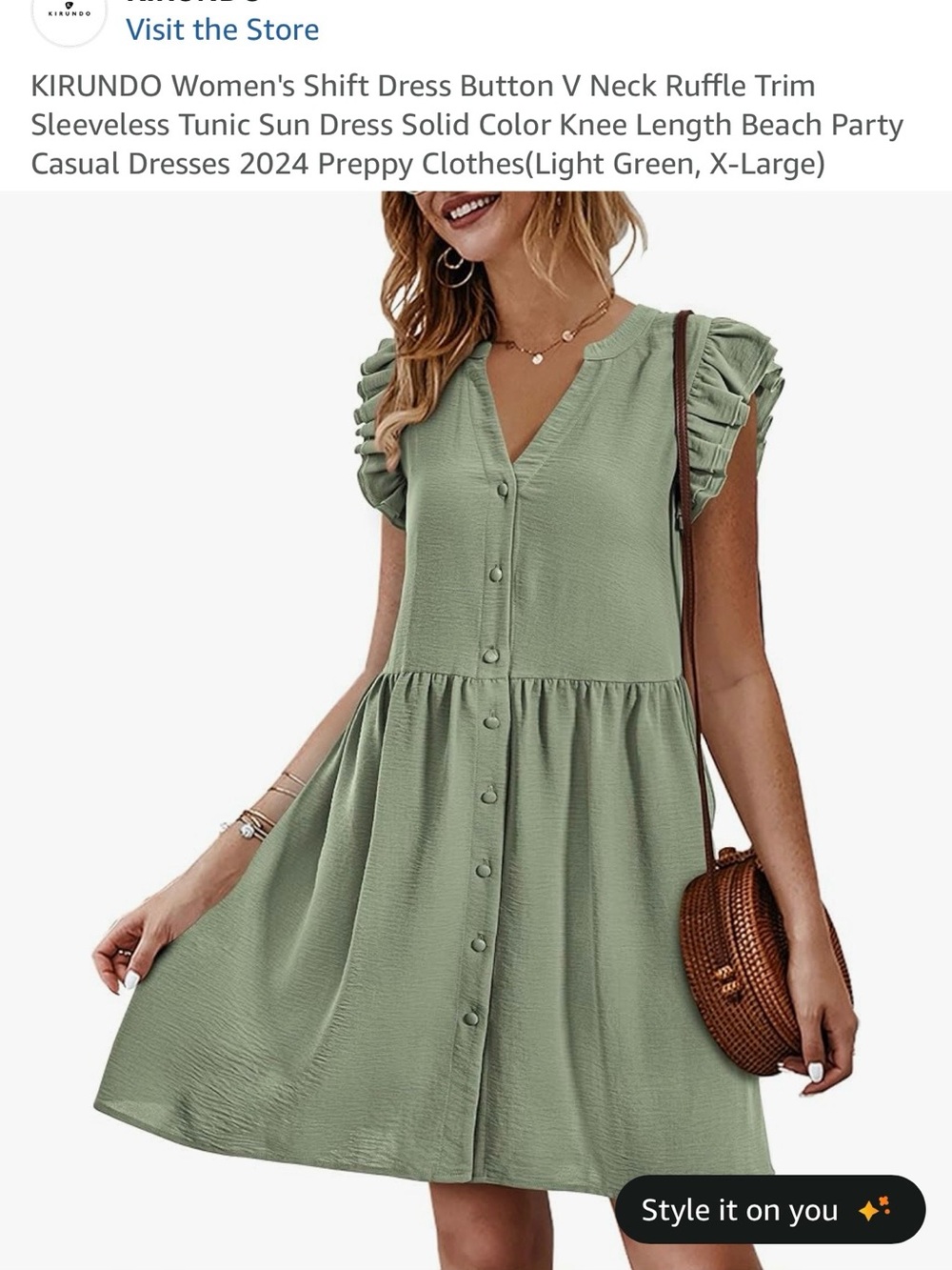 Kirundo Light Green Ruffle-Sleeve Button Front Midi Dress XL